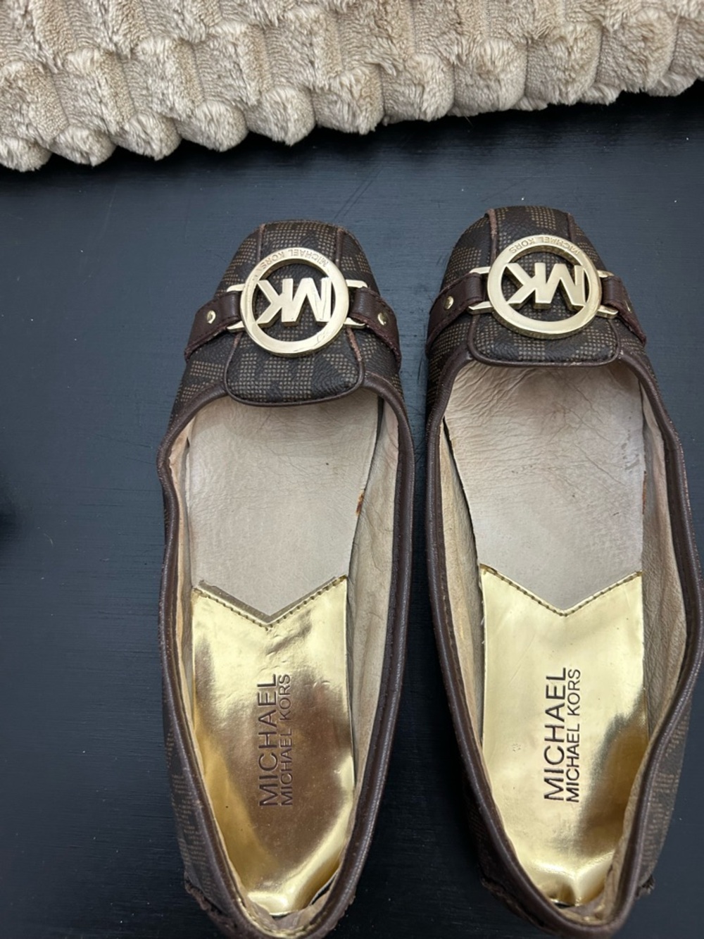 Michael Kors Brown Leather Logo Ballet Flats with Gold Accents